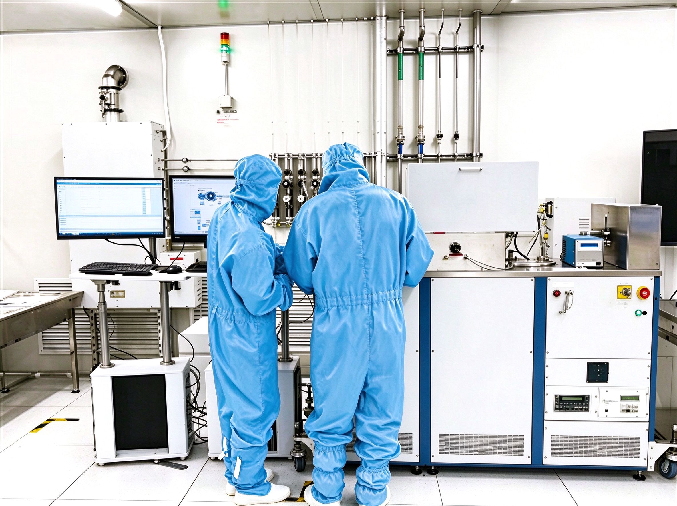 Researchers conducting compound semiconductor process experiments in a micro-nano lab