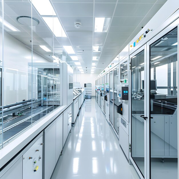 Bright semiconductor cleanroom with process equipment and glass partitions
